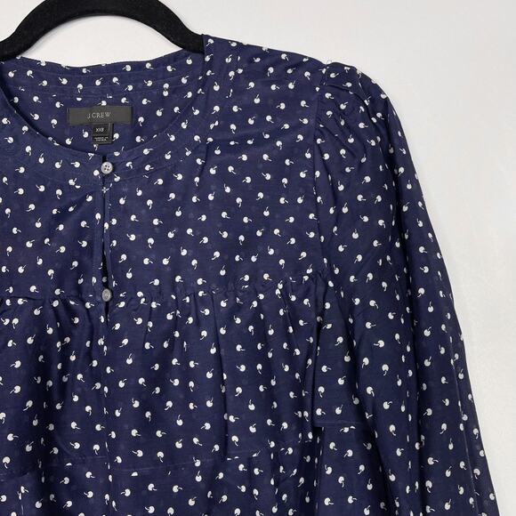 J Crew Womens 2XS Navy Blue Ruffle Tiny Cherries Printed Blouse Top Long Sleeve - Picture 3 of 14